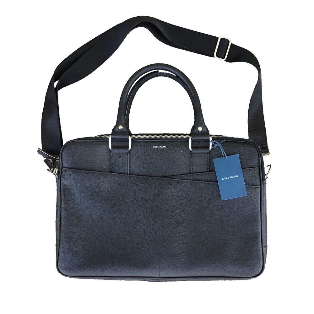 Cole Haan Leather Attache Briefcase Laptop Bag Slim Black American Airlines - Picture 1 of 7